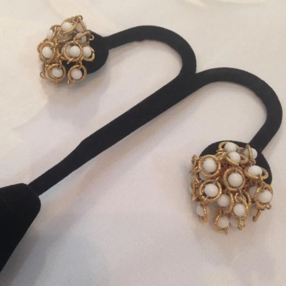 Vintage Gold And White Bead Cluster Earrings